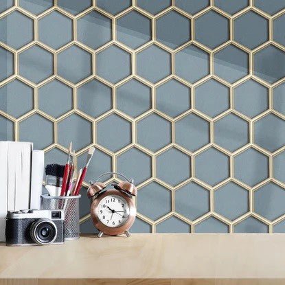 Steel Blue Glass Silver Trim Hexagon Mosaic Tile Accent Wall