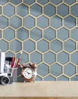 Steel Blue Glass Silver Trim Hexagon Mosaic Tile Accent Wall