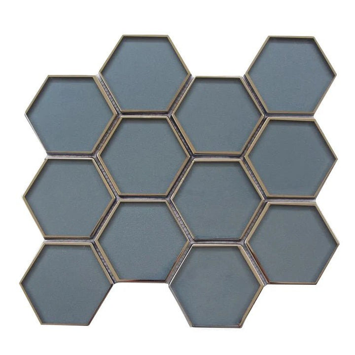 Steel Blue Glass Silver Trim Hexagon Mosaic Tile