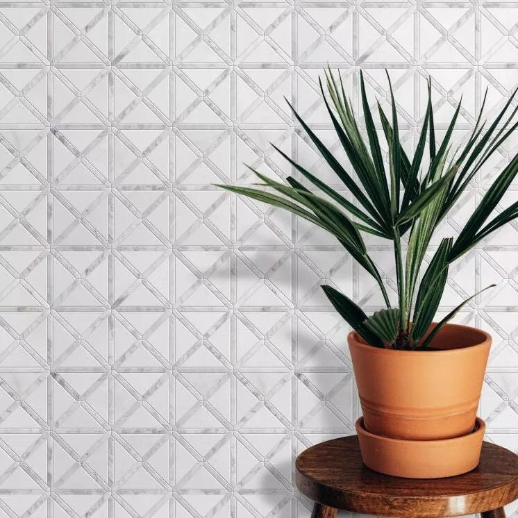 Thassos and Carrara Marble X Pattern Square Mosaic Tile Accent Wall