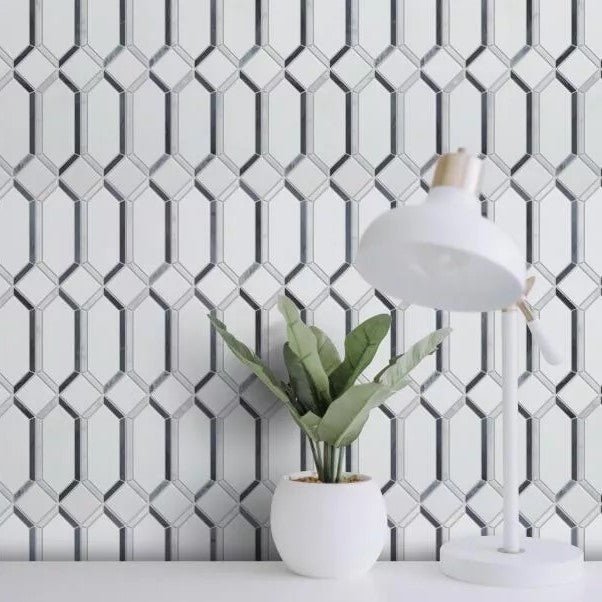 Lamp and Plant in Front of Geometric Mosaic Tiled Wall