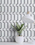 Lamp and Plant in Front of Geometric Mosaic Tiled Wall