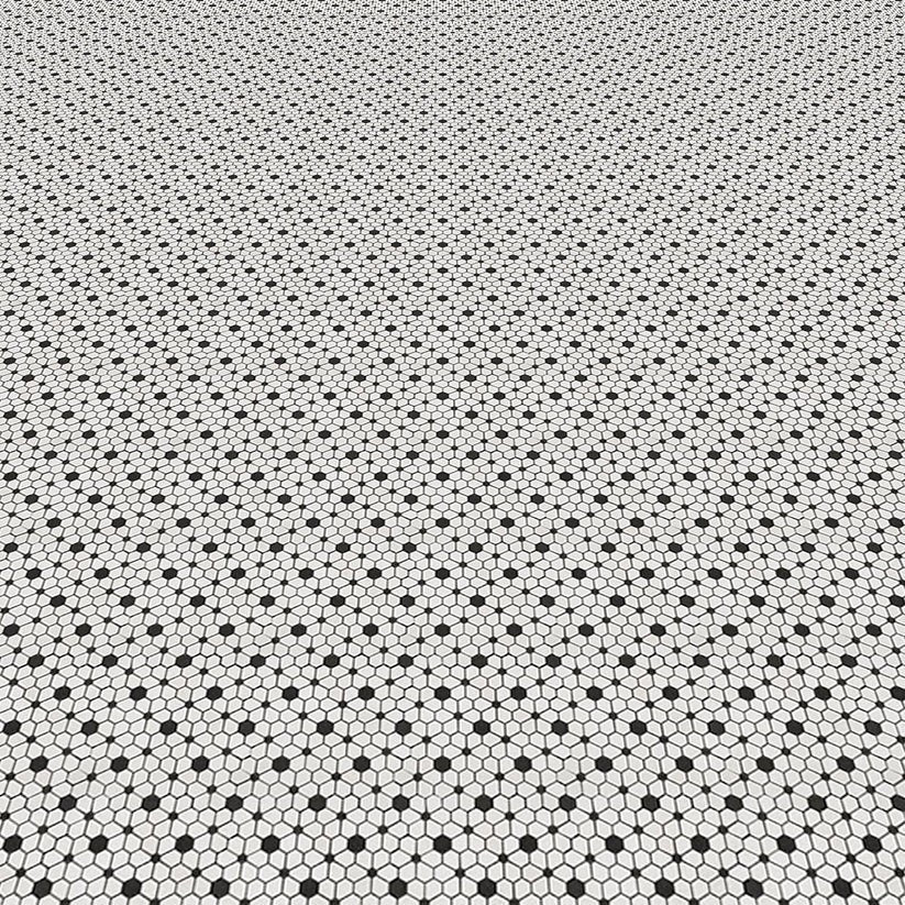 White and Black Hex Flower Mosaic Tile Floor