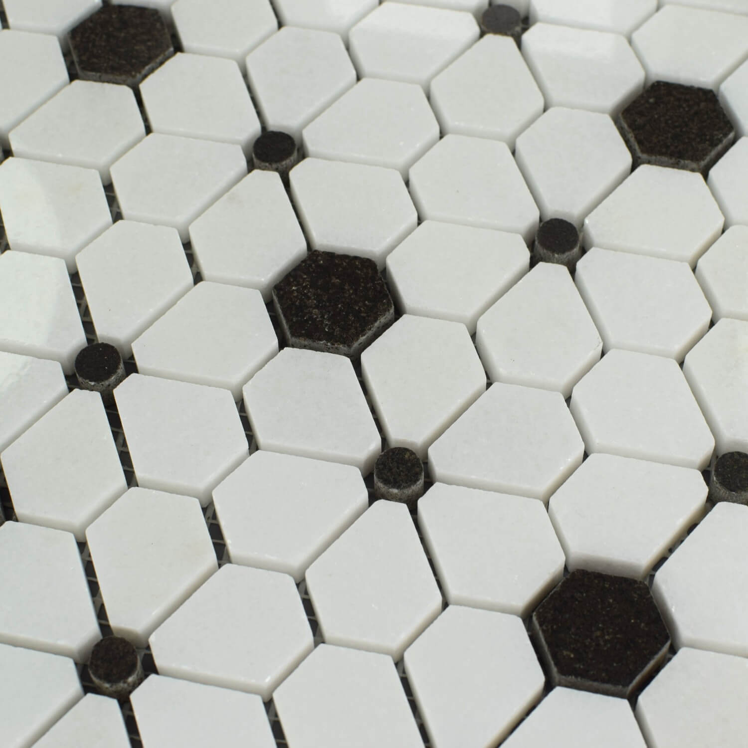 Closeup of White and Black Hex Flower Mosaic Tile
