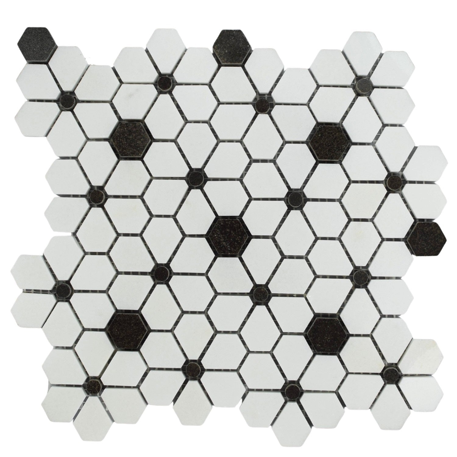 Black and White Hex Flower Mosaic Tile
