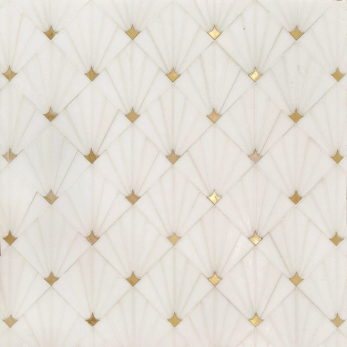 Thassos White Marble and Brass Sunray Waterjet Mosaic Tile - TileBuys