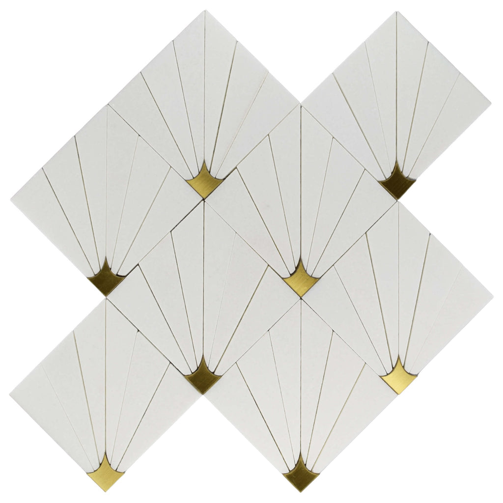 Thassos White Marble and Brass Sunray Waterjet Mosaic Tile - TileBuys