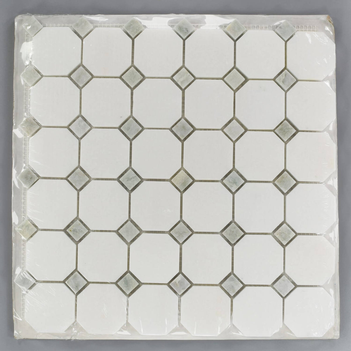 Thassos White Marble Octagon Mosaic Tile With Ming Green Diamond Accents - TileBuys