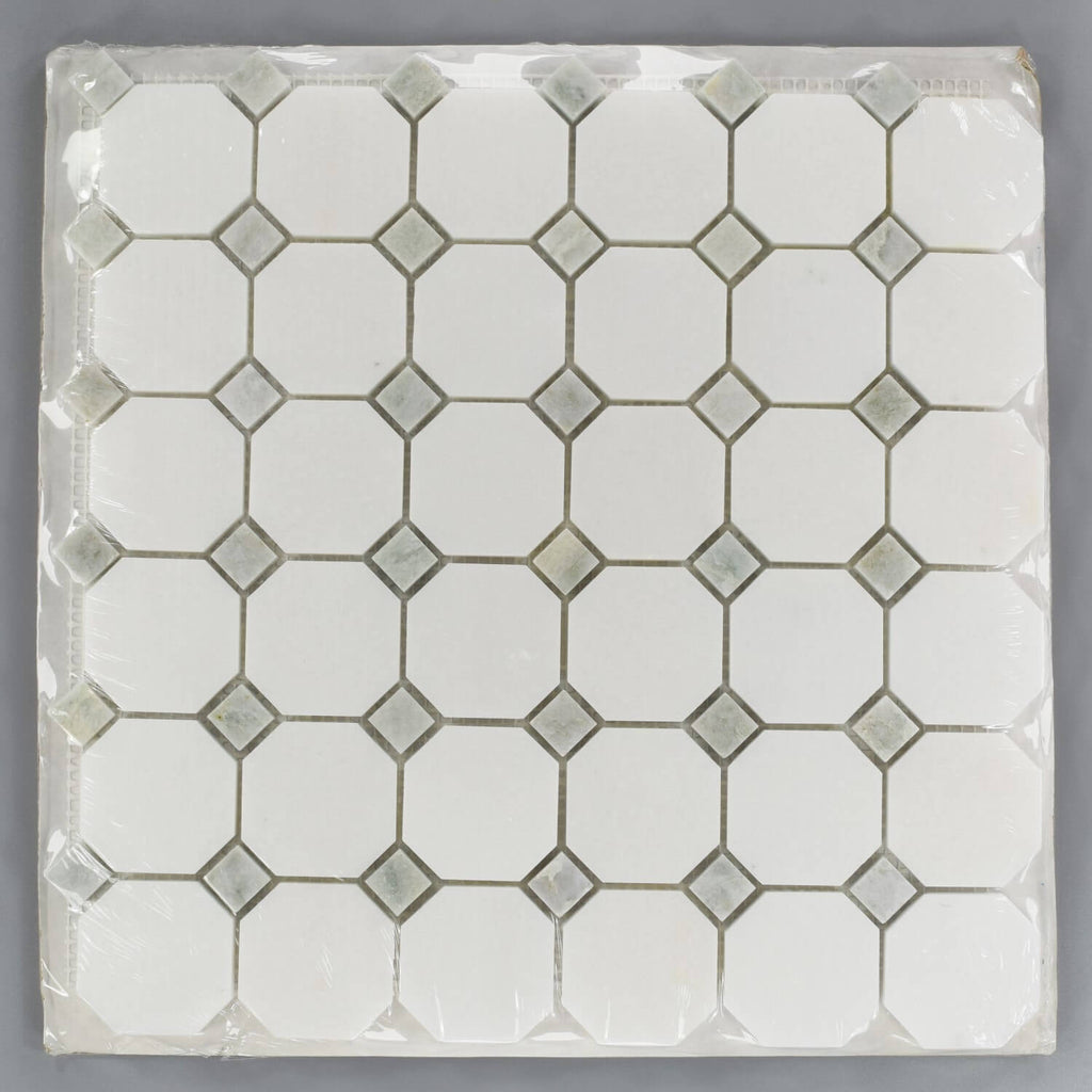 Thassos White Marble Octagon Mosaic Tile With Ming Green Diamond Accents - TileBuys