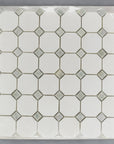 Thassos White Marble Octagon Mosaic Tile With Ming Green Diamond Accents - TileBuys