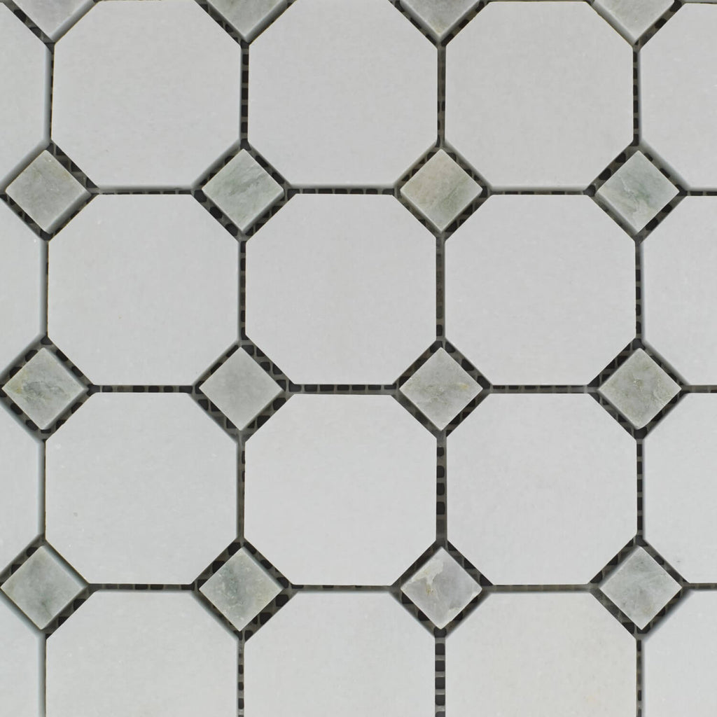 Thassos White Marble Octagon Mosaic Tile With Ming Green Diamond Accents - TileBuys