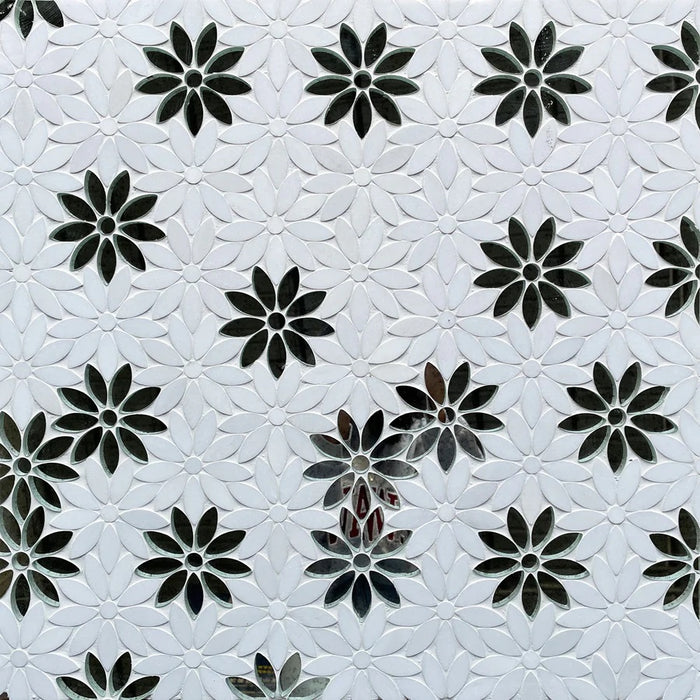 Antique Mirror & Thassos Daisy Flowers Mosaic Tile