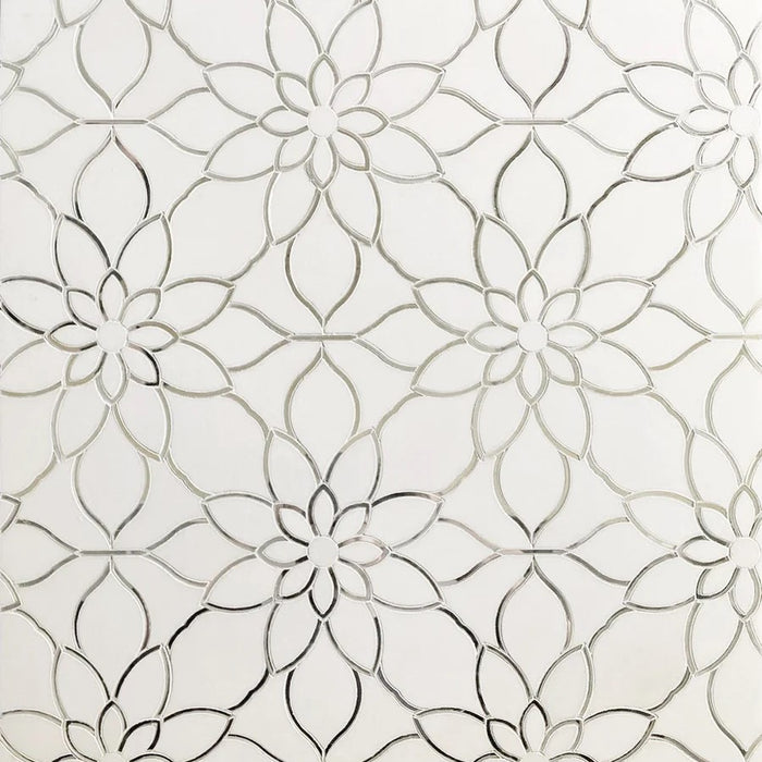 Mirror Glass & White Thassos Marble Floral Waterjet Mosaic Tile