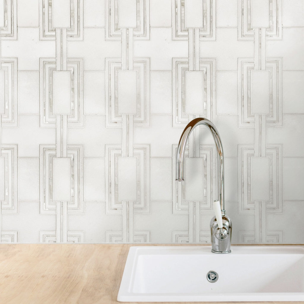 White Thassos & Mother of Pearl Chain Link Waterjet Mosaic Tile Bathroom Backsplash