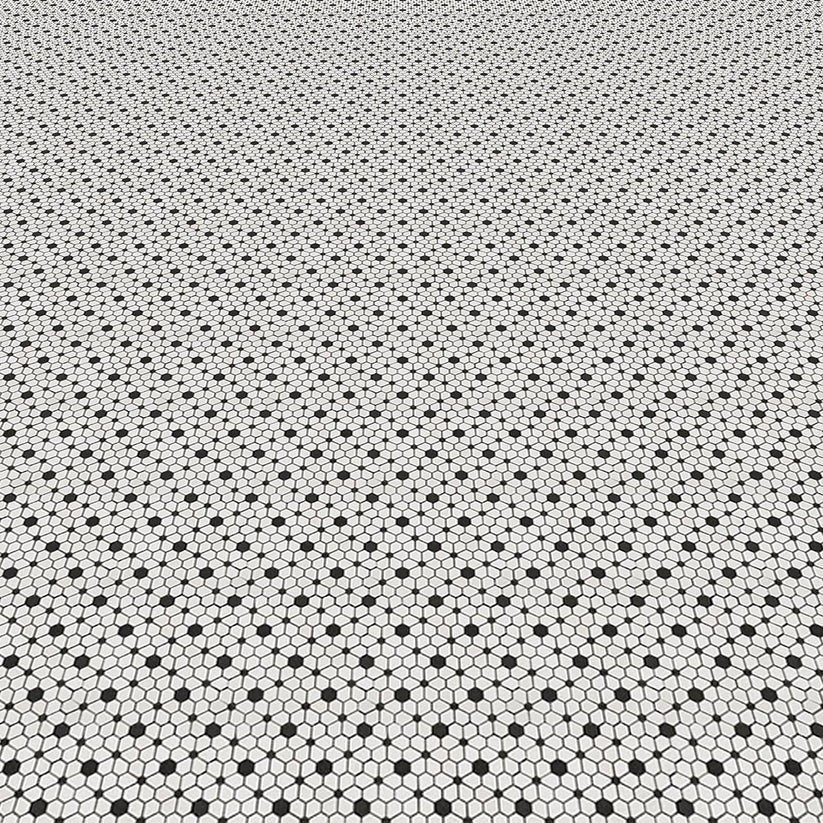 White and Black Hex Flower Mosaic Tile Floor