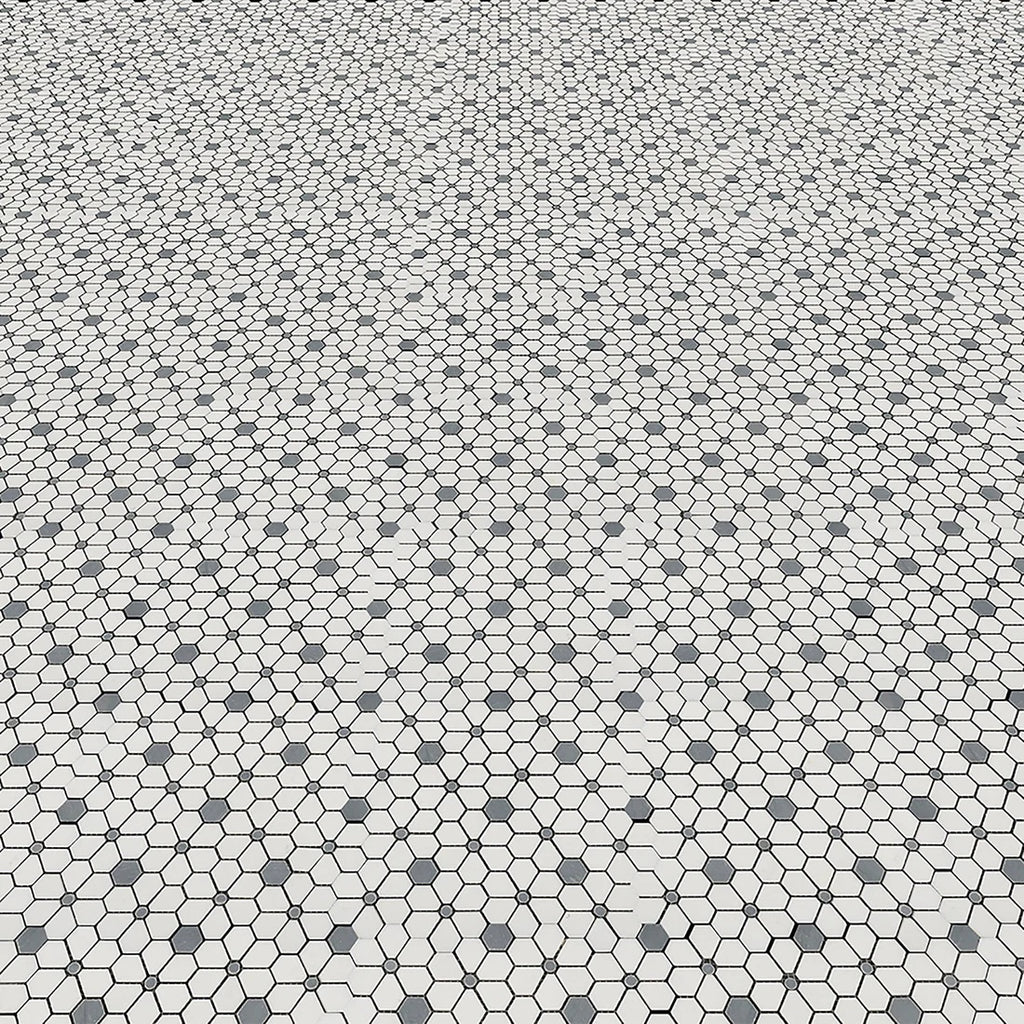 White and Blue Gray Marble Hex Flower Tile Floor
