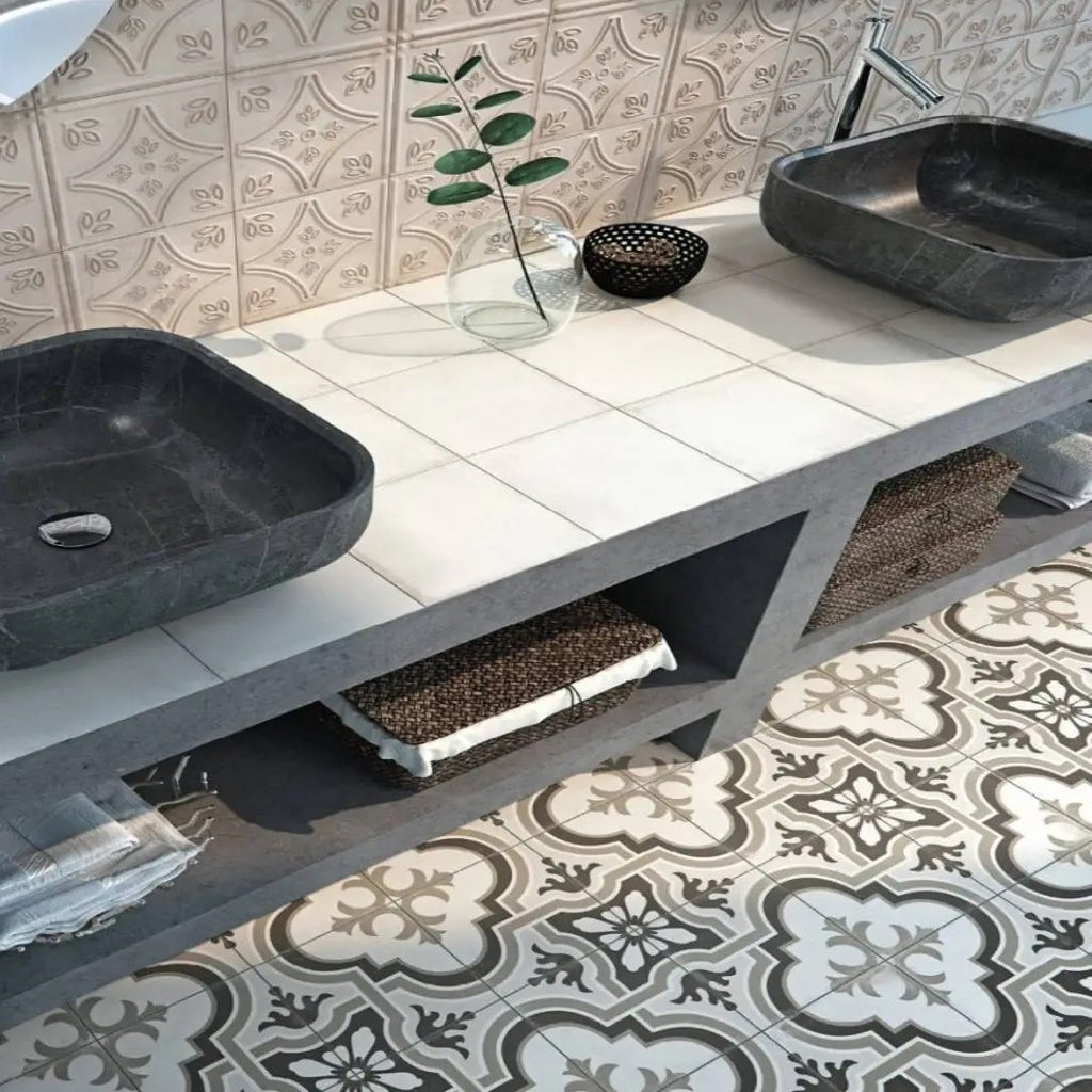 Matte Gray Victorian Quatrefoil Patterned Porcelain Tile