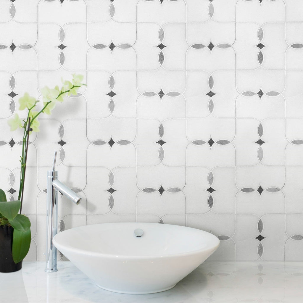 White Thassos & Palissandro Blue Marble Villa Deco Tile Bathroom Backsplash