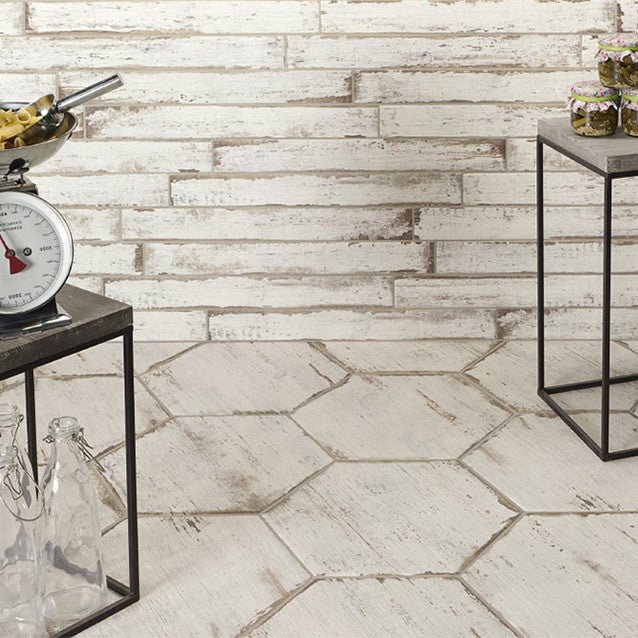 Vintage White Distressed Wood Look 14x16 Hexagon Porcelain Tile - TileBuys