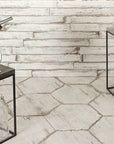 Closeup of Room with Distressed White Wood Look 3x24 Tile Walls & Hexagon Tile Floor