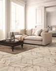 Living Room with White Walls, Couch, Vintage Style Table and Rustic Distressed Wood Look Porcelain Tile Floor