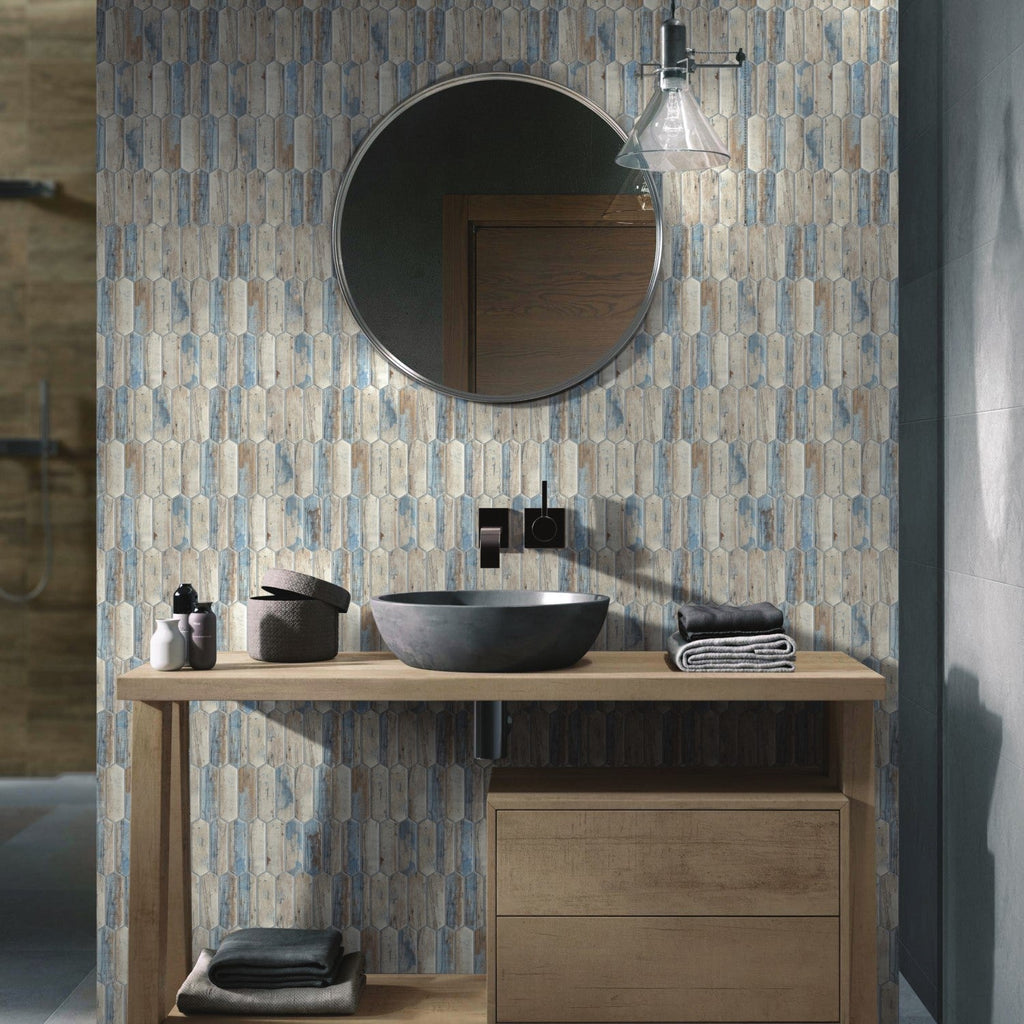 White and Blue Whitewashed Wood Look Glass Picket Tile - TileBuys