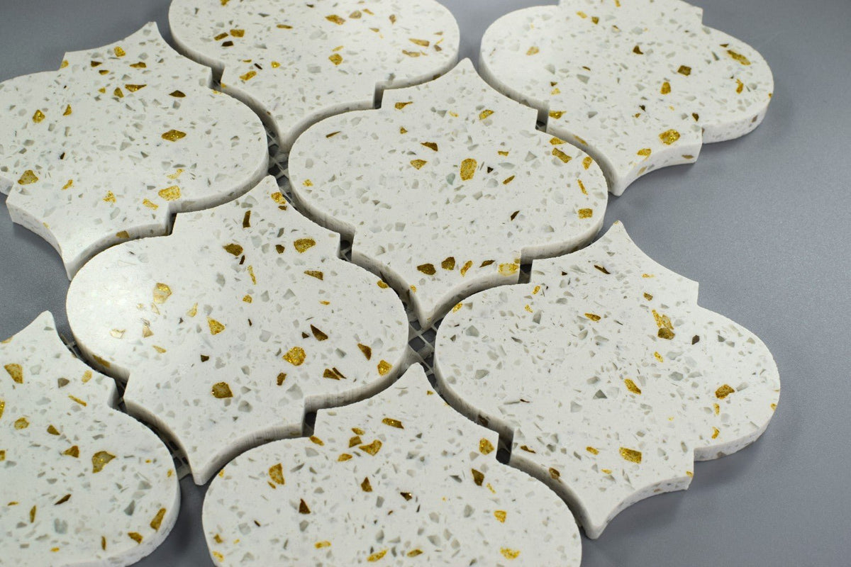Closeup of White and Gold Terrazzo Arabesque Lantern Mosaic Tile