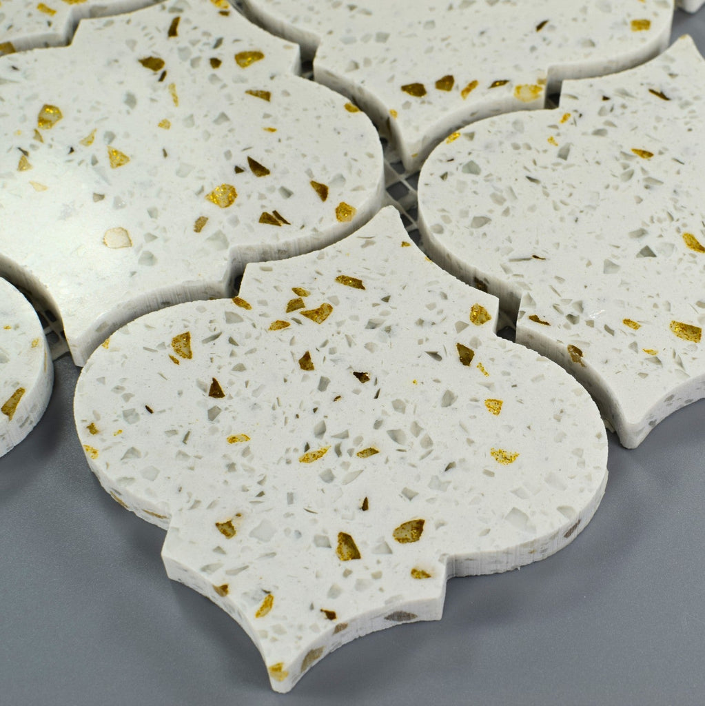 White and Gold Terrazzo Arabesque Lantern Mosaic Tile