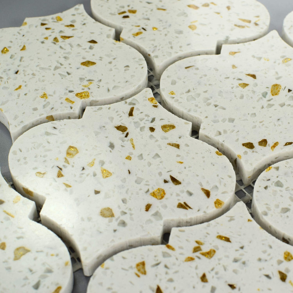Closeup of White and Gold Terrazzo Arabesque Lantern Mosaic Tile