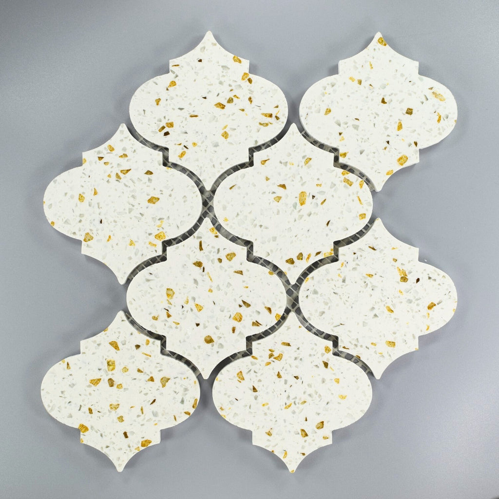 White and Gold Terrazzo Arabesque Lantern Mosaic Tile