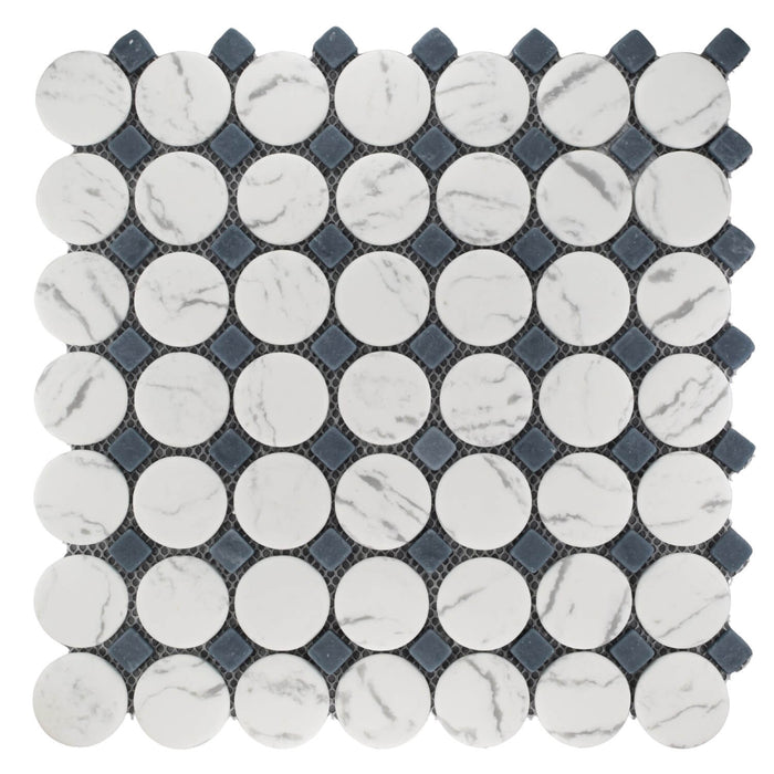 Matte White and Gray Glass Circle Round Mosaic Tile with Blue Accent Dot