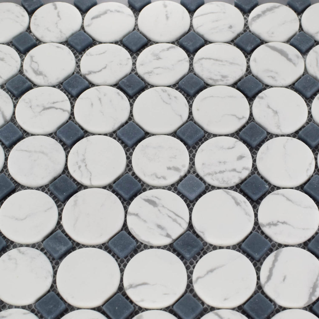 Closeup of Matte White and Gray Glass Circle Round Mosaic Tile with Blue Accent Dot