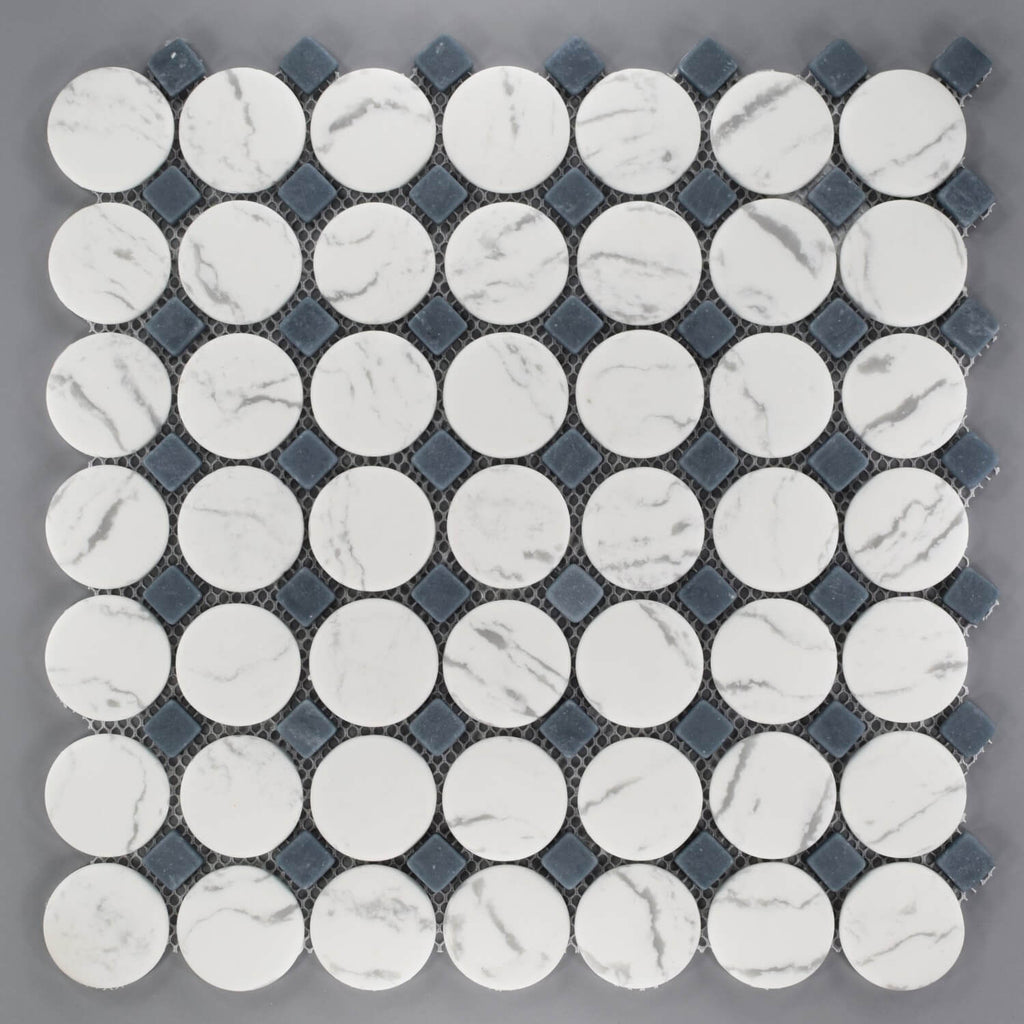 Matte White and Gray Glass Circle Round Mosaic Tile with Blue Accent Dot