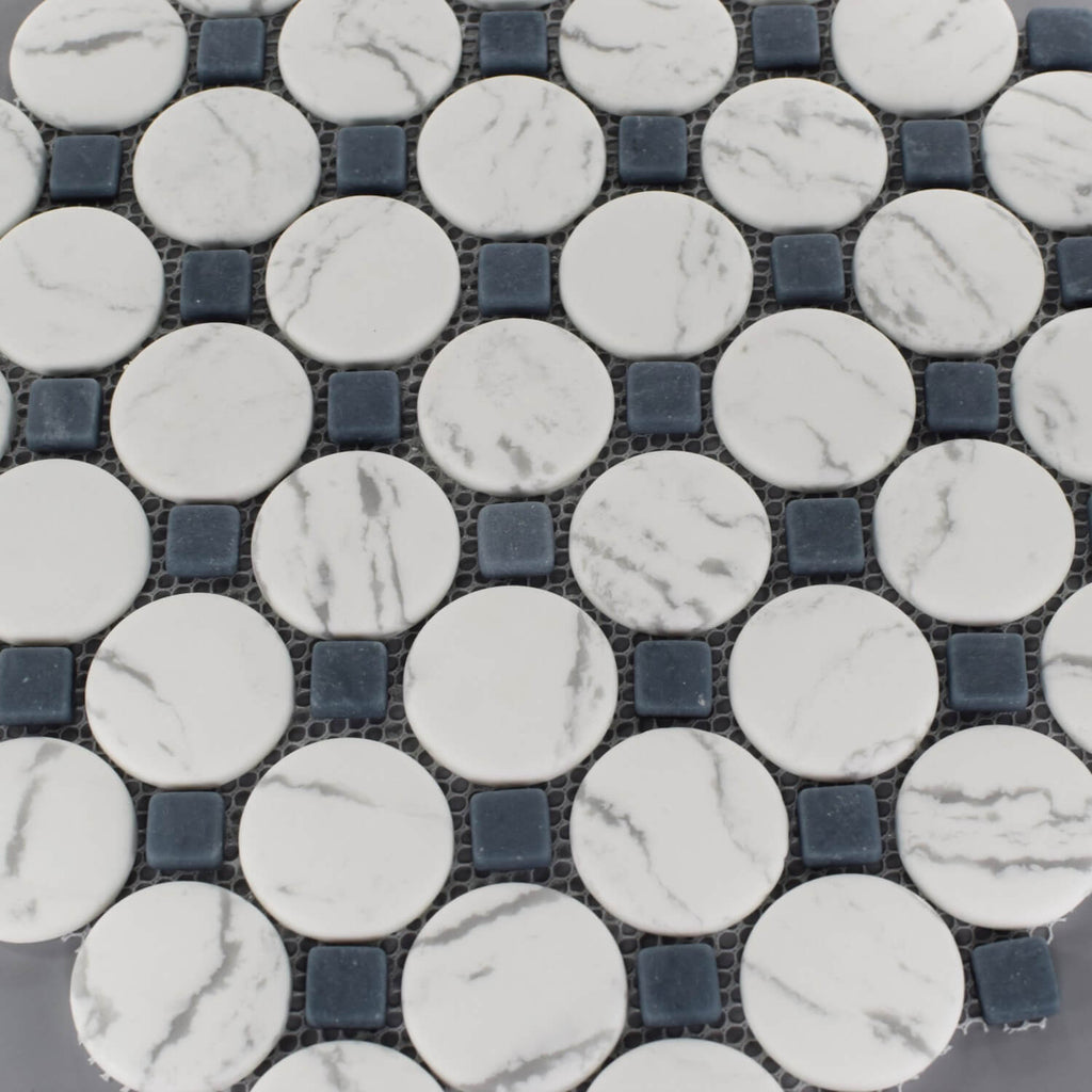 Closeup of Matte White and Gray Glass Circle Round Mosaic Tile with Blue Accent Dot
