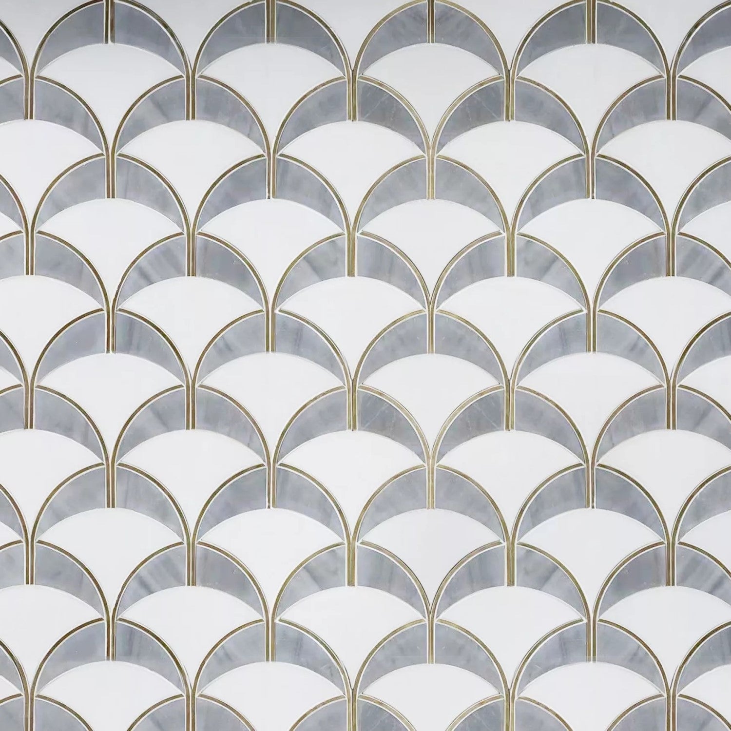 White and Gray Marble Scallop Tile Backsplash with Gold Brass Accents - TileBuys