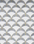 White and Gray Marble Scallop Tile Backsplash with Gold Brass Accents - TileBuys