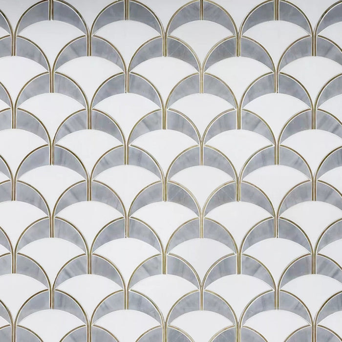 White and Gray Marble Scallop Tile Backsplash with Gold Brass Accents - TileBuys