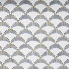 White and Gray Marble Scallop Tile Backsplash with Gold Brass Accents - TileBuys