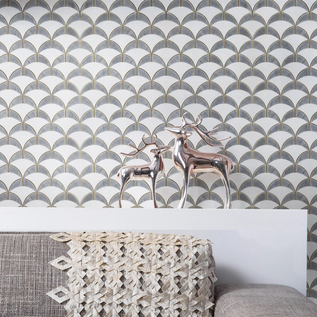 White and Gray Marble Scallop Tile Backsplash with Gold Brass Accents - TileBuys