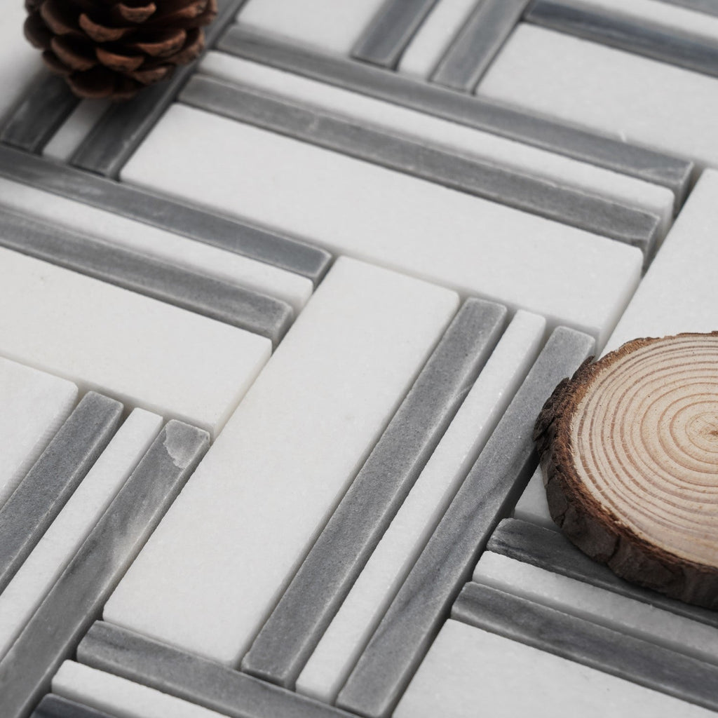 White & Blue Gray Marble Herringbone Mosaic Tile - TileBuys