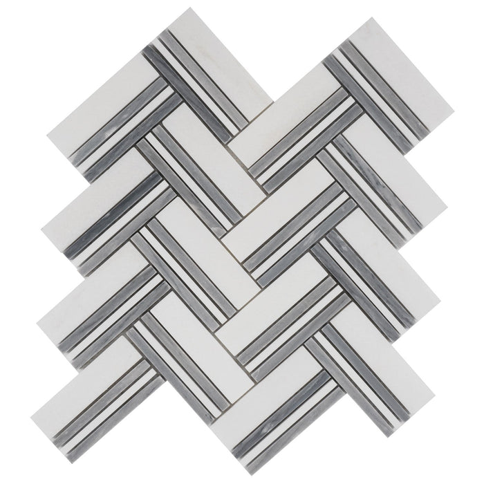 White & Blue Gray Marble Herringbone Mosaic Tile - TileBuys