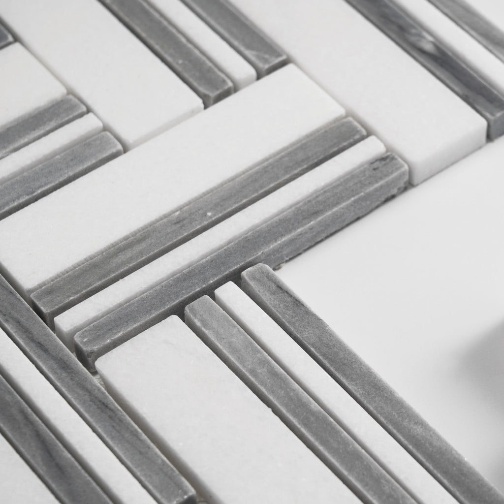 White & Blue Gray Marble Herringbone Mosaic Tile - TileBuys