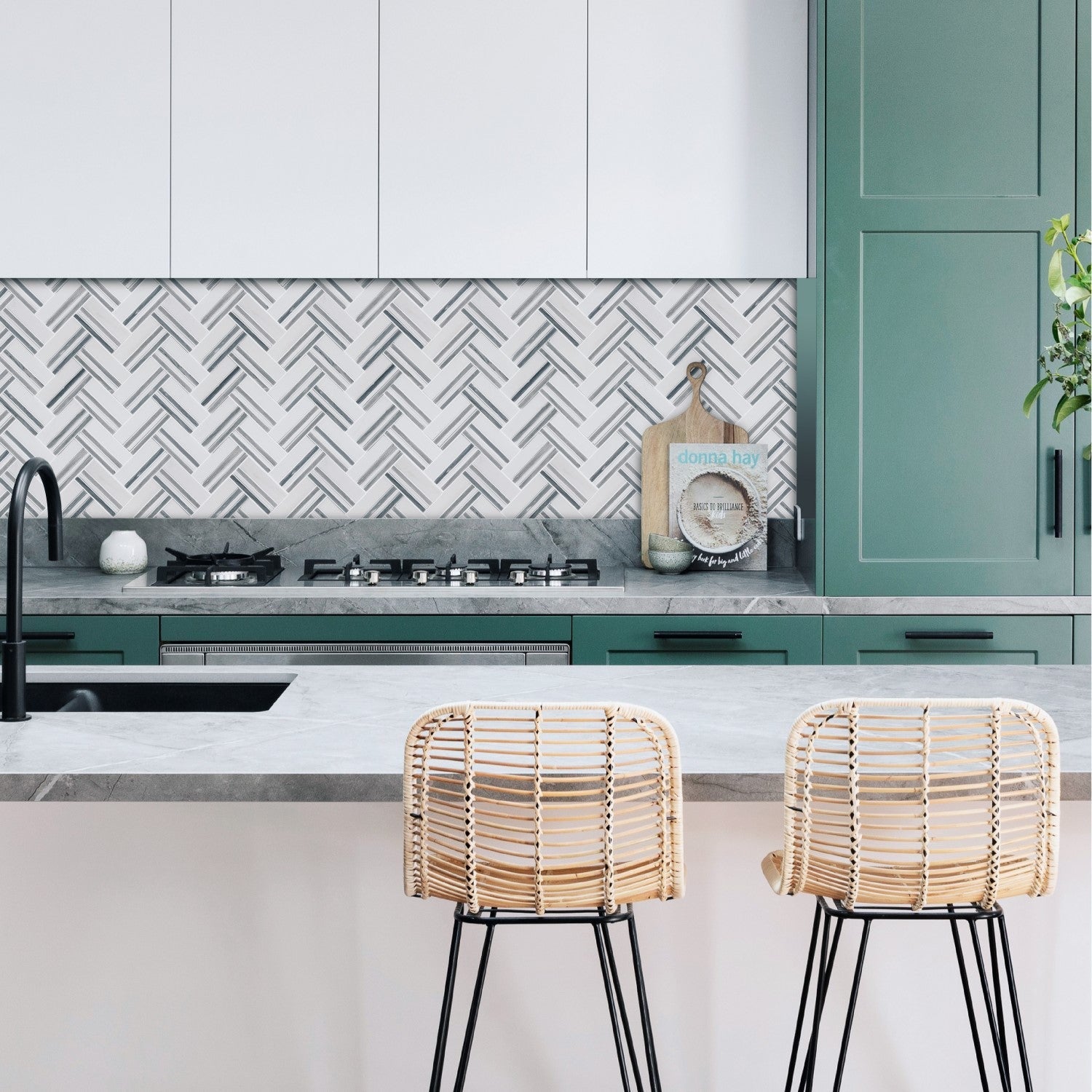 White & Blue Gray Marble Herringbone Mosaic Tile - TileBuys