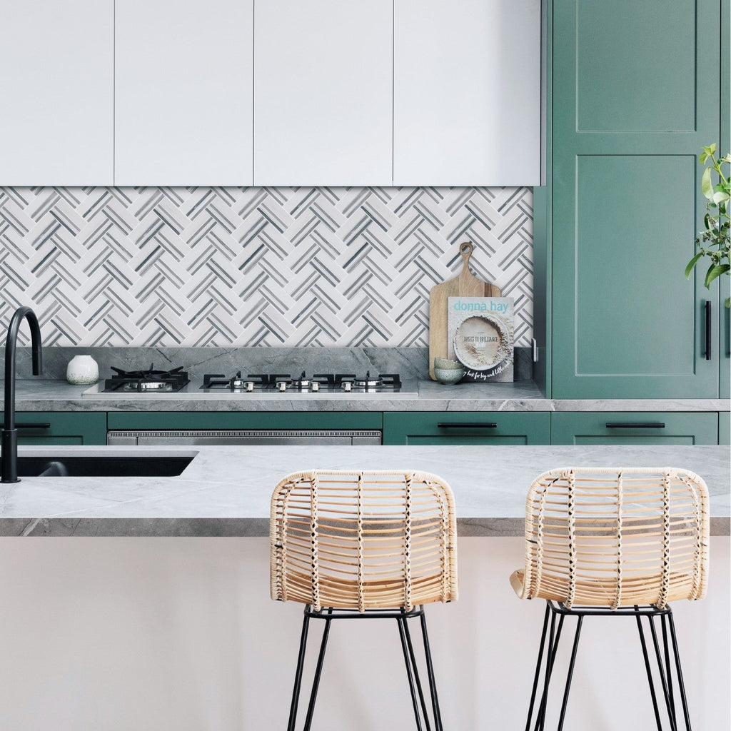 White & Blue Gray Marble Herringbone Mosaic Tile - TileBuys