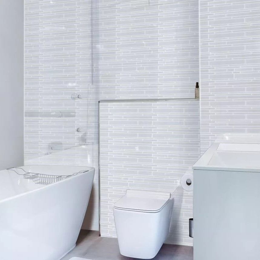 White Glass Interlocking Mosaic Tile Backsplash - TileBuys