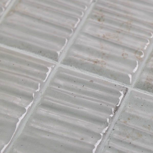 Closeup of Textured White Ceramic Subway Wall Tiles
