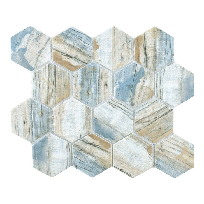 White, Sandy Beige & Blue Coastal Wood Look Glass Hex Tile - TileBuys