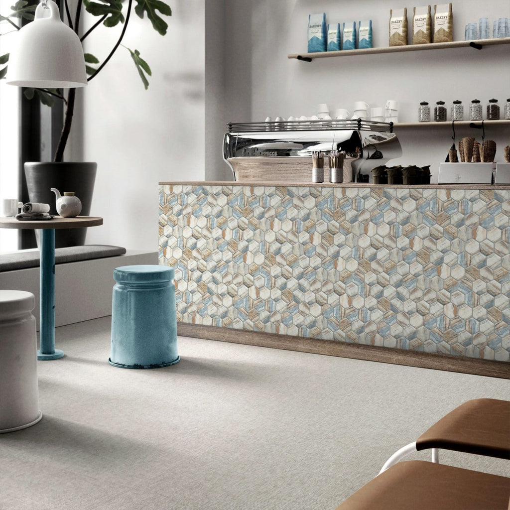 White, Sandy Beige & Blue Coastal Wood Look Glass Hex Tile - TileBuys