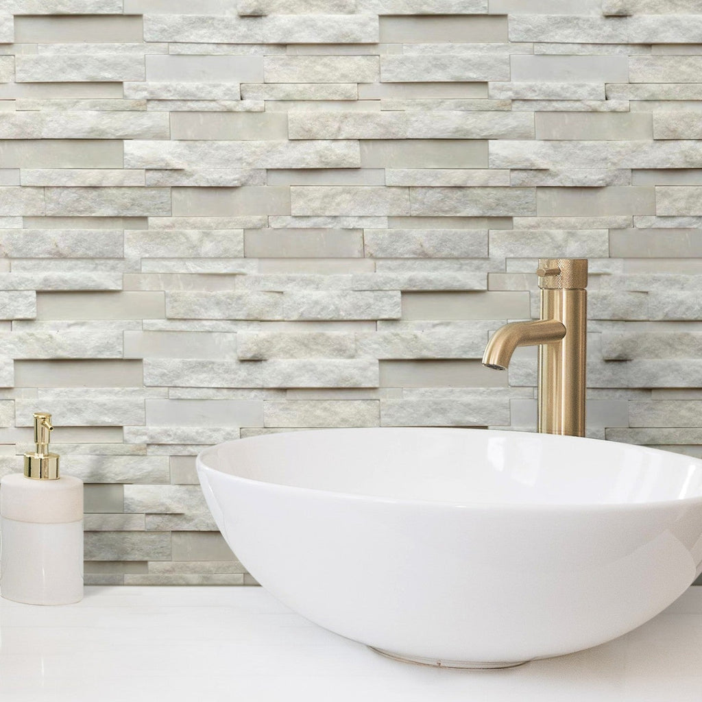 White Slate and Quartzite Stacked Stone Tile Bathroom Backsplash