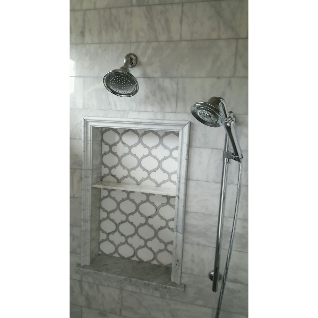 White Thassos and Bianco Carrara Marble Waterjet Mosaic Tile in Arabesque Marrakech